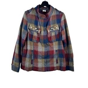 Cabi Plaid Military Jacket sz M Multi Color Pearl Embellished Utility preppy